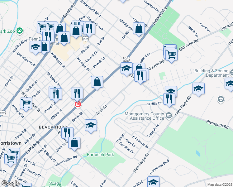 map of restaurants, bars, coffee shops, grocery stores, and more near 1809 Arch Street in Norristown
