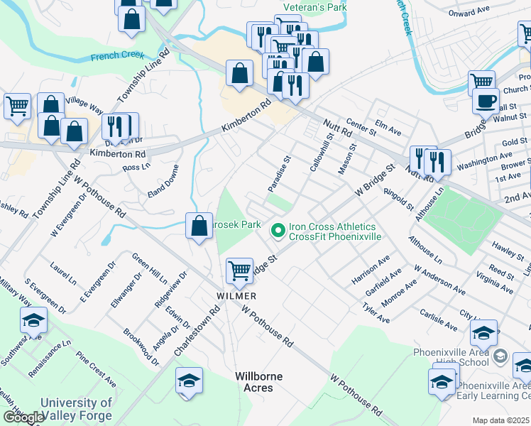 map of restaurants, bars, coffee shops, grocery stores, and more near 888 Woodlawn Avenue in Phoenixville