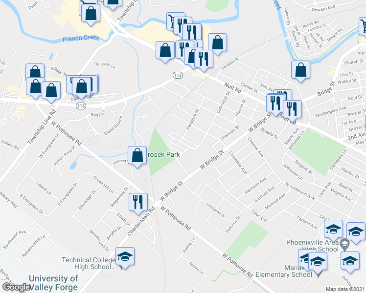 map of restaurants, bars, coffee shops, grocery stores, and more near 888 Woodlawn Avenue in Phoenixville