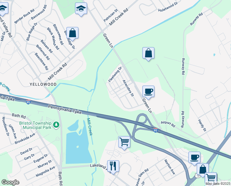 map of restaurants, bars, coffee shops, grocery stores, and more near 2409 Fleetwing Drive in Levittown