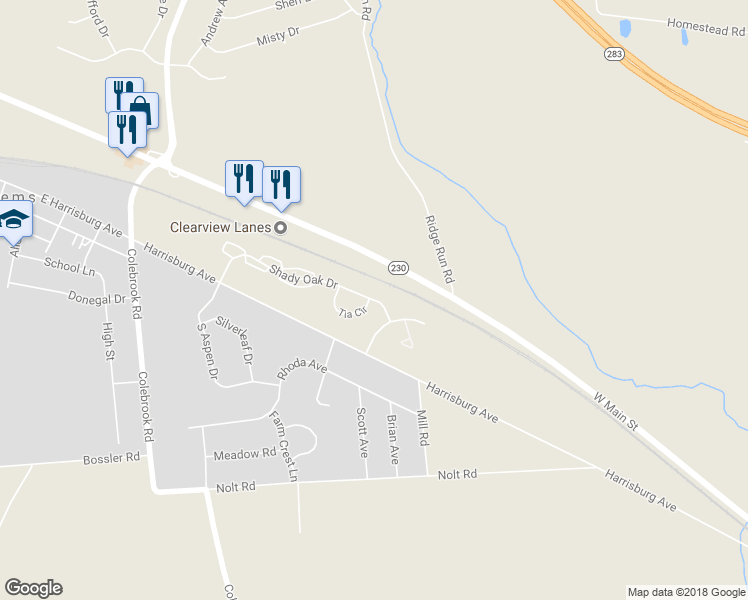 map of restaurants, bars, coffee shops, grocery stores, and more near 2001 Shady Oak Drive in Mount Joy