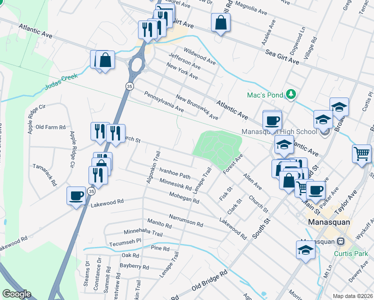 map of restaurants, bars, coffee shops, grocery stores, and more near 2300 Pennbrook Lane in Manasquan