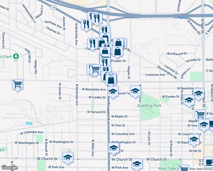 map of restaurants, bars, coffee shops, grocery stores, and more near in Champaign
