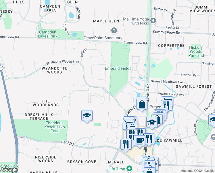 map of restaurants, bars, coffee shops, grocery stores, and more near 7518 Kelly Drive in Dublin