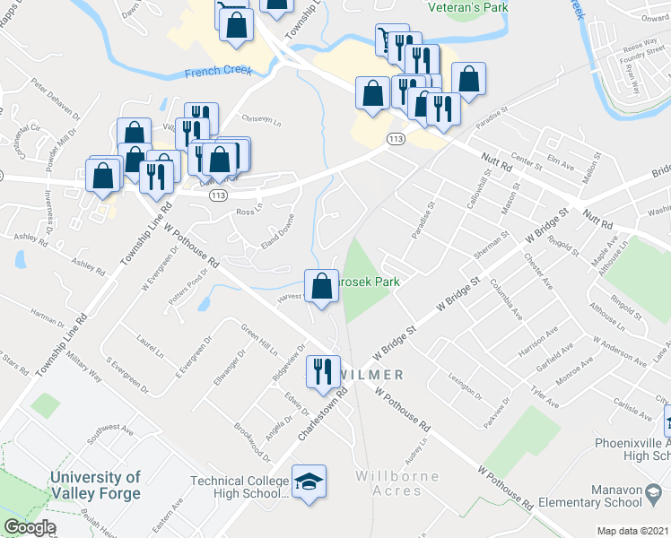 map of restaurants, bars, coffee shops, grocery stores, and more near 1041 Davids Run in Phoenixville