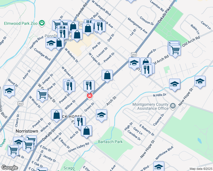 map of restaurants, bars, coffee shops, grocery stores, and more near 1724 DeKalb Street in Norristown