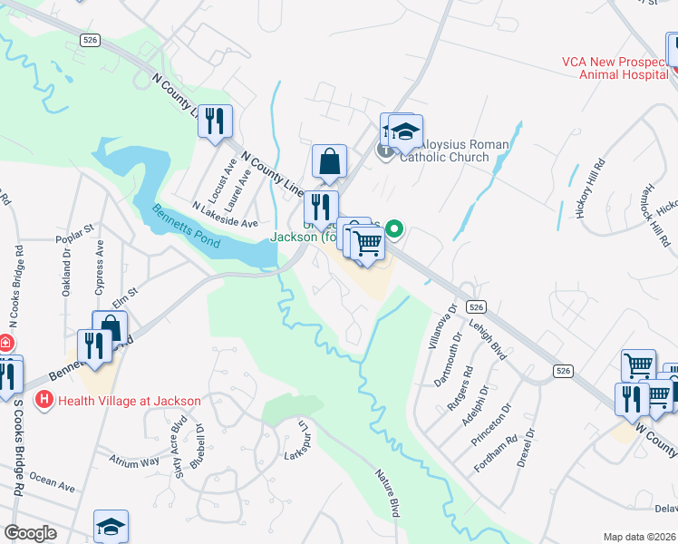 map of restaurants, bars, coffee shops, grocery stores, and more near 90 Rita Lane in Jackson Township