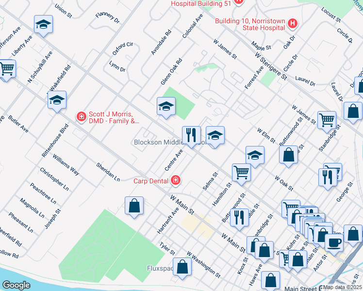 map of restaurants, bars, coffee shops, grocery stores, and more near 45 Centre Avenue in Eagleville