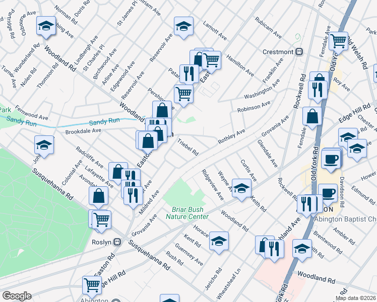 map of restaurants, bars, coffee shops, grocery stores, and more near 2302 Triebel Road in Abington