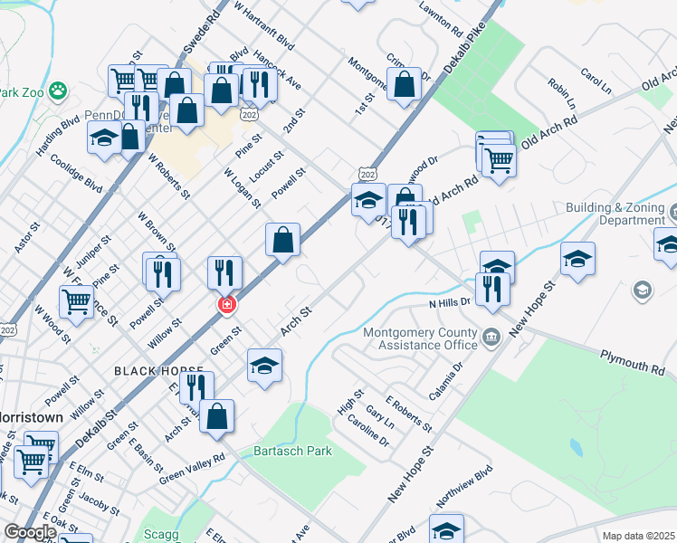 map of restaurants, bars, coffee shops, grocery stores, and more near 1809 Arch Street in Norristown