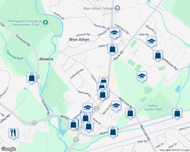 map of restaurants, bars, coffee shops, grocery stores, and more near 745 Fetters Mill Rd in Bryn Athyn