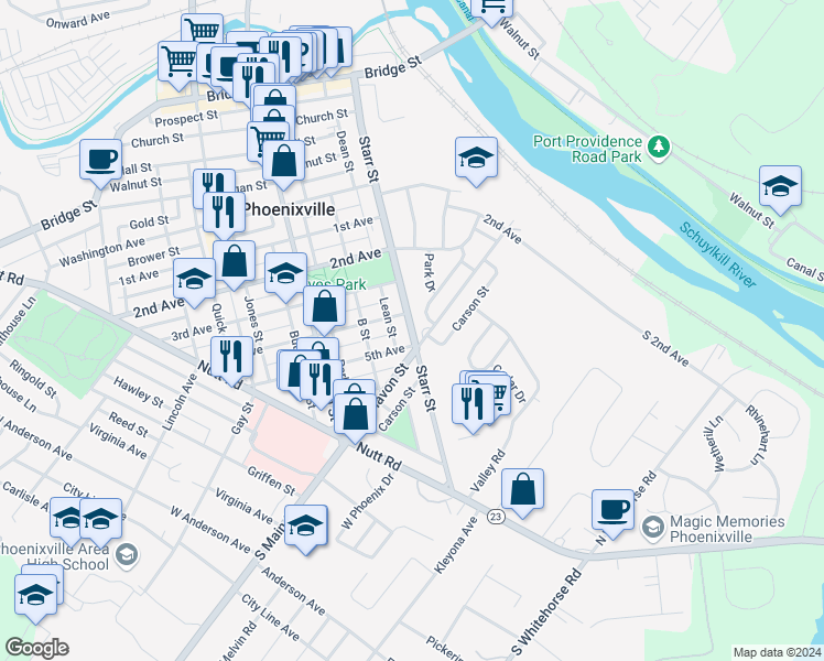 map of restaurants, bars, coffee shops, grocery stores, and more near Pennsylvania 29 in Phoenixville