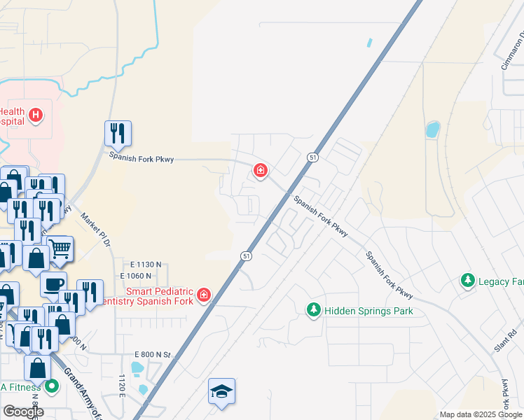 map of restaurants, bars, coffee shops, grocery stores, and more near 1247 Cattail Drive in Spanish Fork