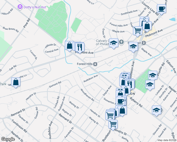map of restaurants, bars, coffee shops, grocery stores, and more near 12006 Pandrail Place in Philadelphia