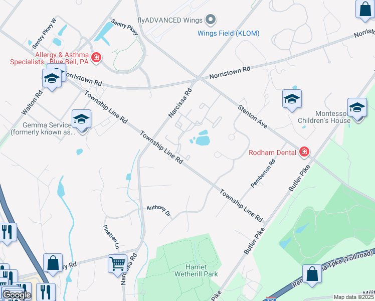 map of restaurants, bars, coffee shops, grocery stores, and more near 29 Barclay Court in Blue Bell