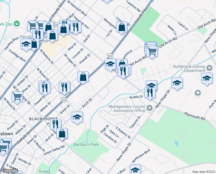map of restaurants, bars, coffee shops, grocery stores, and more near 303 Dartmouth Drive in Norristown