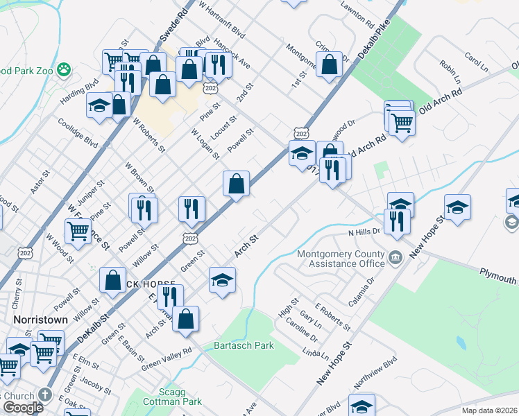 map of restaurants, bars, coffee shops, grocery stores, and more near 222 Roberts Circle in Norristown