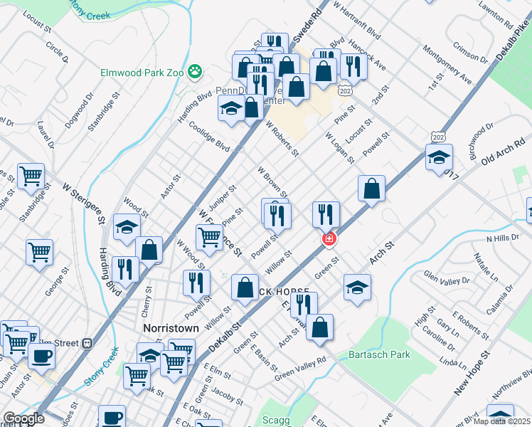 map of restaurants, bars, coffee shops, grocery stores, and more near 25 West Freedley Street in Norristown