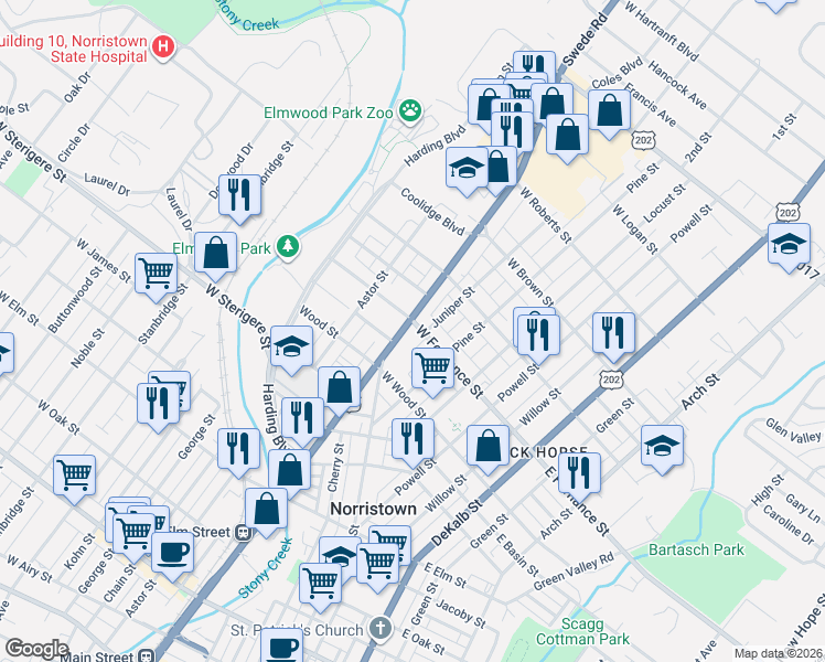 map of restaurants, bars, coffee shops, grocery stores, and more near 1342 Markley Street in Norristown