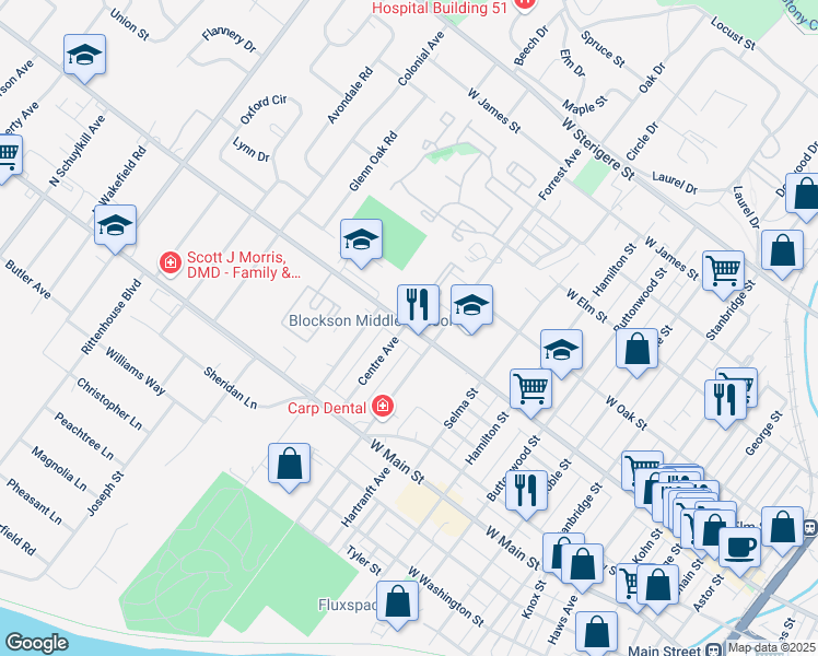 map of restaurants, bars, coffee shops, grocery stores, and more near 963 West Marshall Street in Norristown