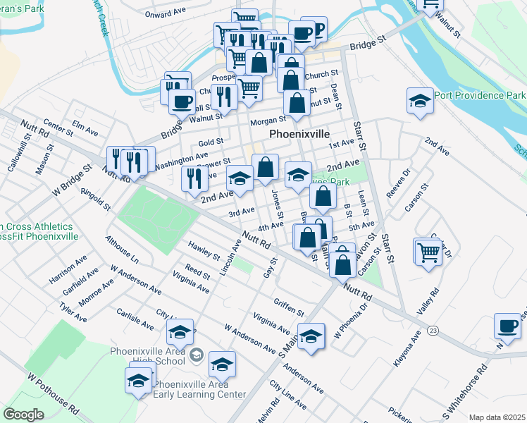 map of restaurants, bars, coffee shops, grocery stores, and more near 320 3rd Avenue in Phoenixville