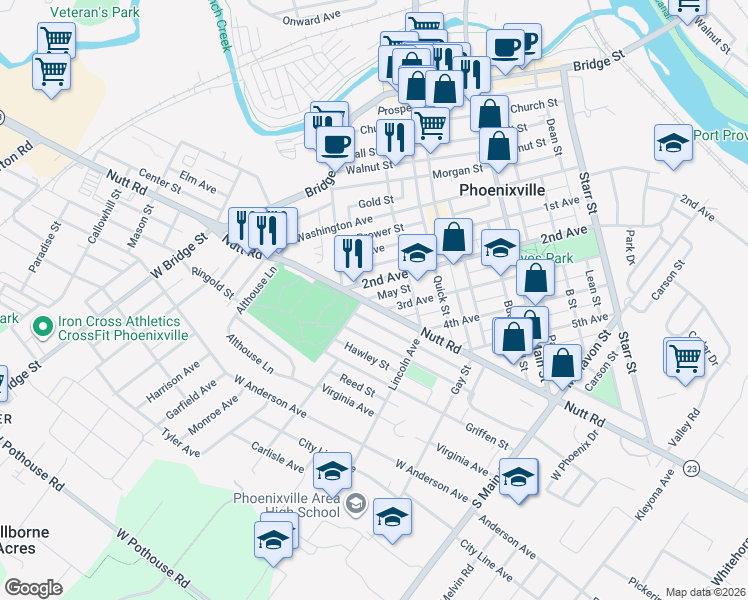 map of restaurants, bars, coffee shops, grocery stores, and more near 352 Pennsylvania 23 in Phoenixville
