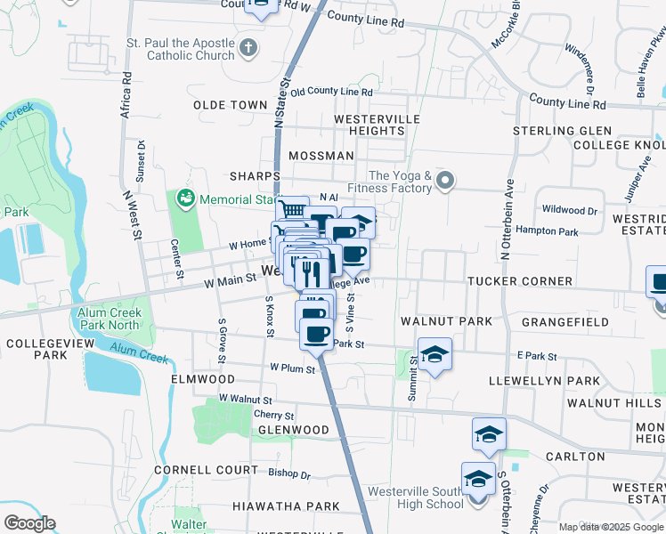 map of restaurants, bars, coffee shops, grocery stores, and more near 31 East Main Street in Westerville