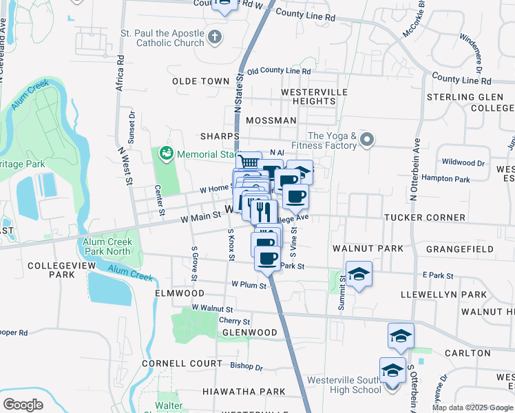 map of restaurants, bars, coffee shops, grocery stores, and more near in Westerville
