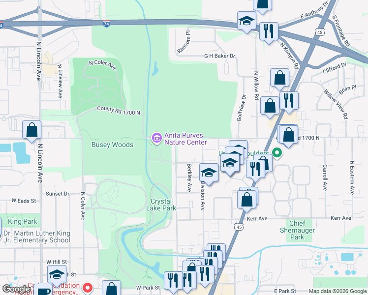 map of restaurants, bars, coffee shops, grocery stores, and more near 1410 North Broadway Avenue in Urbana