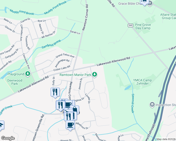 map of restaurants, bars, coffee shops, grocery stores, and more near 4 Tracey Court in Howell Township