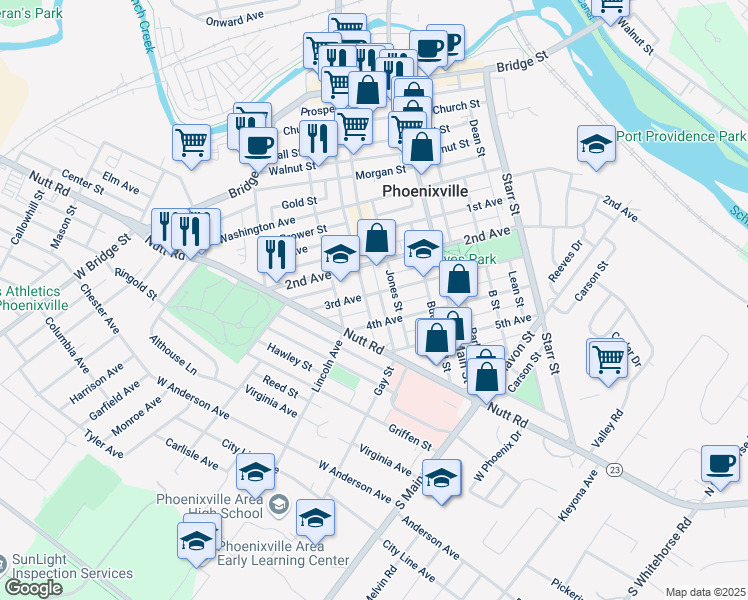 map of restaurants, bars, coffee shops, grocery stores, and more near 500 Gay Street in Phoenixville