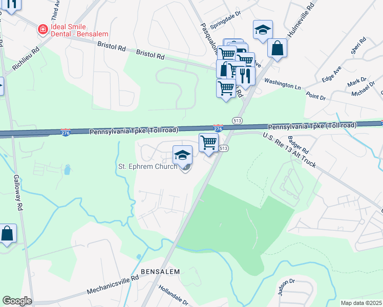 map of restaurants, bars, coffee shops, grocery stores, and more near Freedom Lane in Bensalem