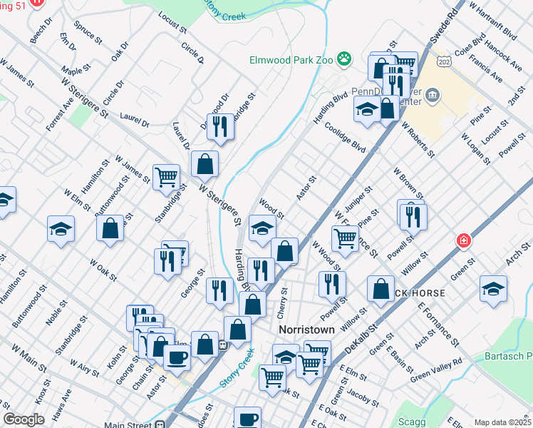 map of restaurants, bars, coffee shops, grocery stores, and more near 410 West Wood Street in Norristown