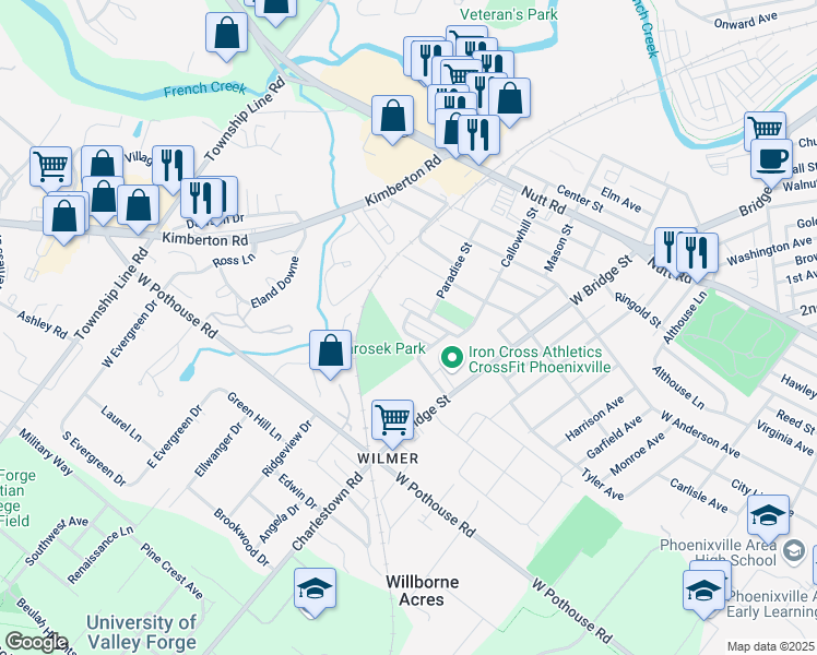 map of restaurants, bars, coffee shops, grocery stores, and more near 917 Oxford Avenue in Phoenixville
