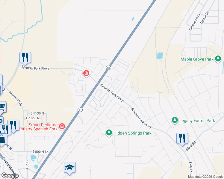 map of restaurants, bars, coffee shops, grocery stores, and more near 1894 East 1350 North in Spanish Fork