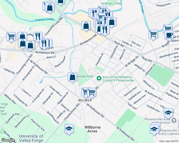 map of restaurants, bars, coffee shops, grocery stores, and more near 917 Oxford Avenue in Phoenixville