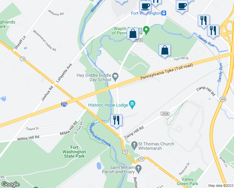 map of restaurants, bars, coffee shops, grocery stores, and more near 534 South Bethlehem Pike in Fort Washington