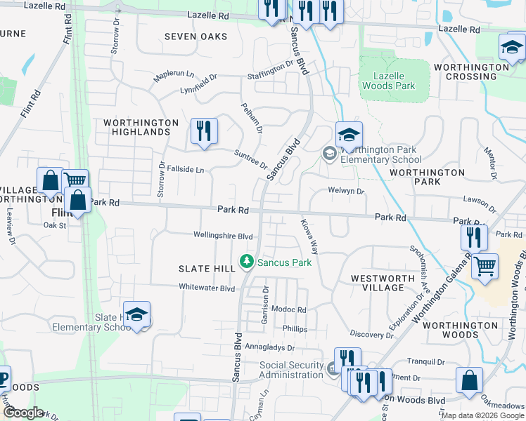 map of restaurants, bars, coffee shops, grocery stores, and more near 500 Park Road in Westerville