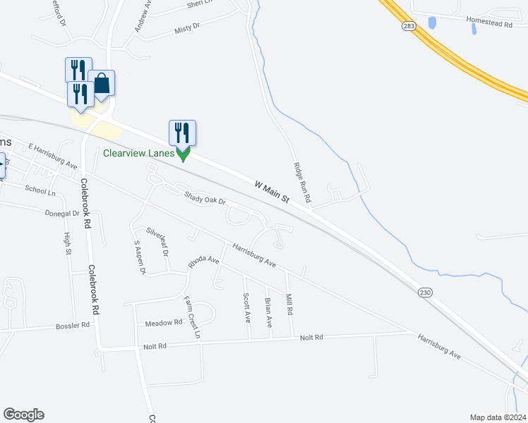 map of restaurants, bars, coffee shops, grocery stores, and more near 1855 Shady Oak Drive in Mount Joy
