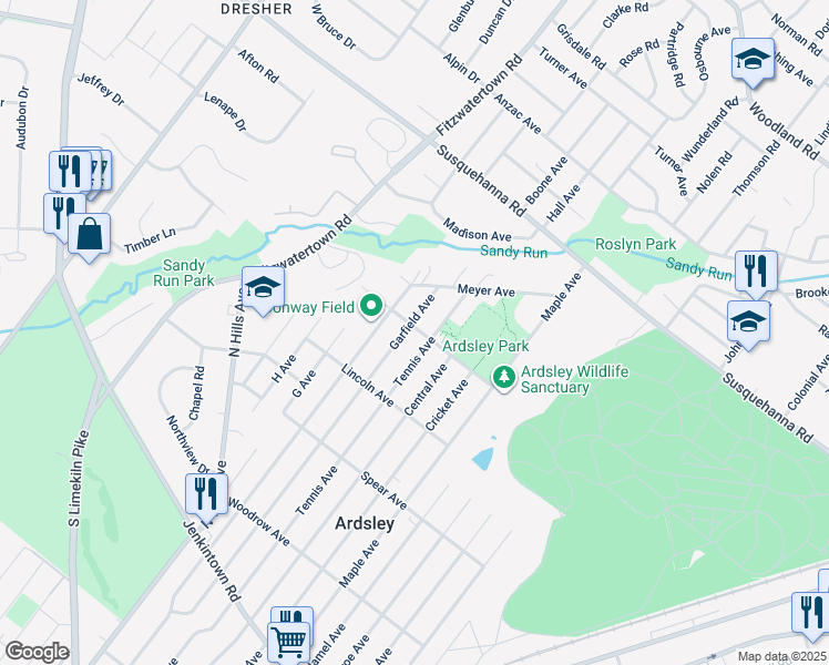 map of restaurants, bars, coffee shops, grocery stores, and more near 950 Tennis Avenue in Glenside