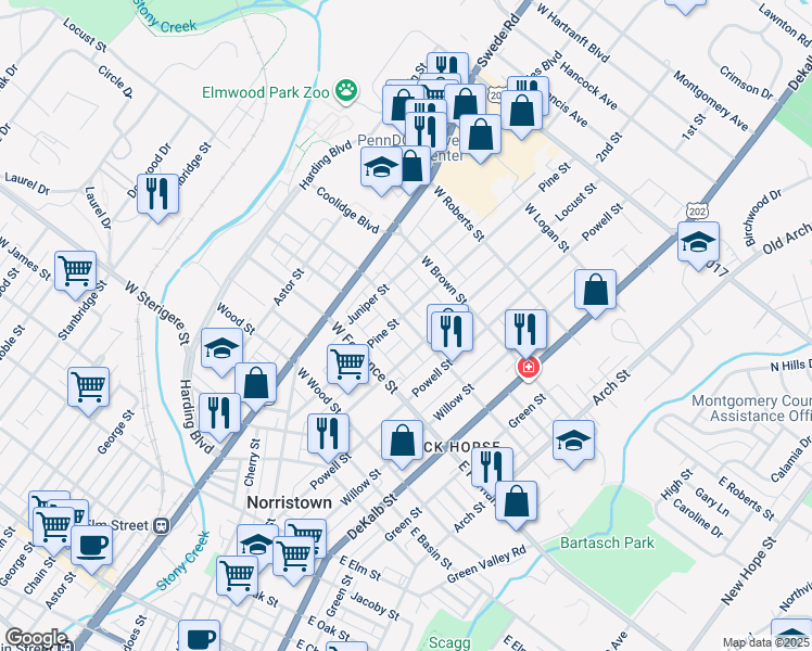 map of restaurants, bars, coffee shops, grocery stores, and more near 120 West Freedley Street in Norristown