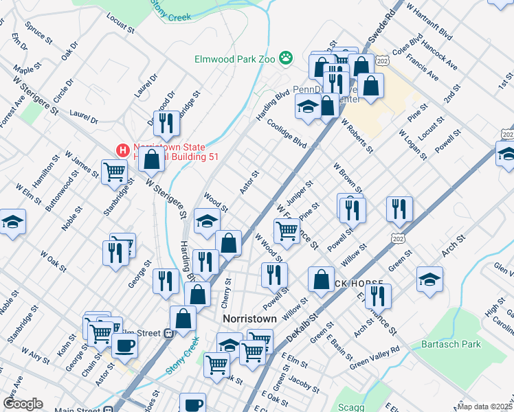 map of restaurants, bars, coffee shops, grocery stores, and more near 309 West Poplar Street in Norristown