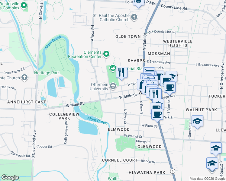 map of restaurants, bars, coffee shops, grocery stores, and more near 1 South Grove Street in Westerville