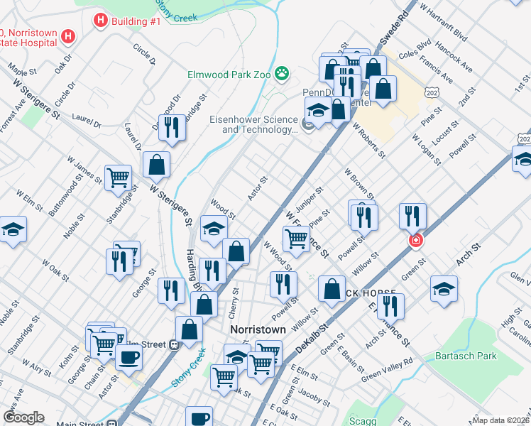 map of restaurants, bars, coffee shops, grocery stores, and more near 1342 Markley Street in Norristown