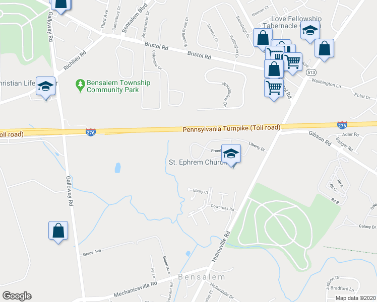 map of restaurants, bars, coffee shops, grocery stores, and more near 132 Liberty Drive in Bensalem
