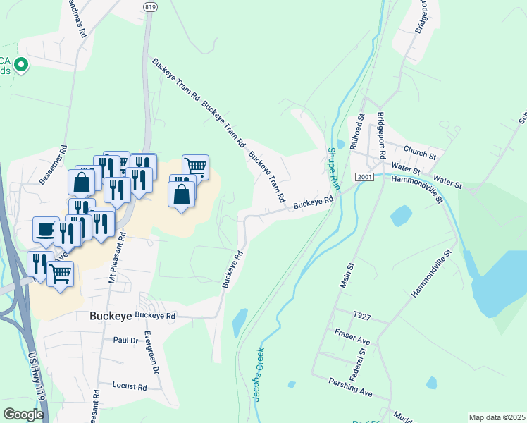 map of restaurants, bars, coffee shops, grocery stores, and more near 255 Buckeye Road in Mount Pleasant