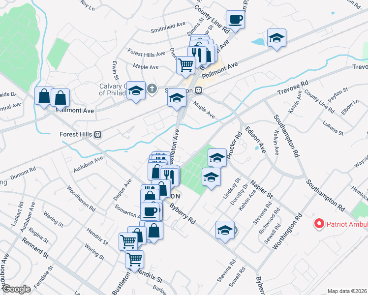 map of restaurants, bars, coffee shops, grocery stores, and more near 13085 Bustleton Avenue in Philadelphia