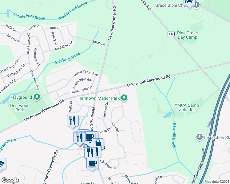 map of restaurants, bars, coffee shops, grocery stores, and more near 8 Tracey Court in Howell Township