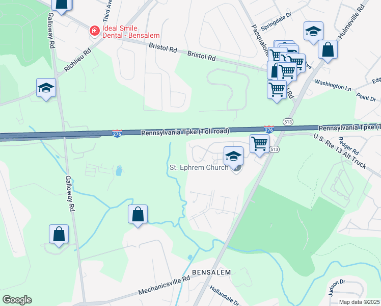 map of restaurants, bars, coffee shops, grocery stores, and more near 132 Liberty Drive in Bensalem