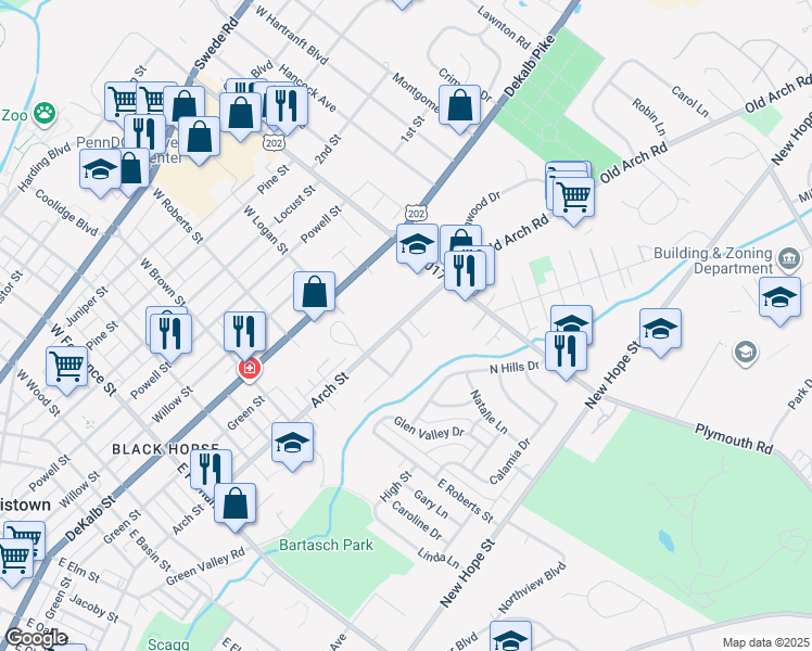 map of restaurants, bars, coffee shops, grocery stores, and more near 309 Dartmouth Drive in Norristown